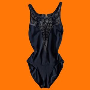 90's vintage black mesh high neck hi cut high leg one piece bathing suit S/M
